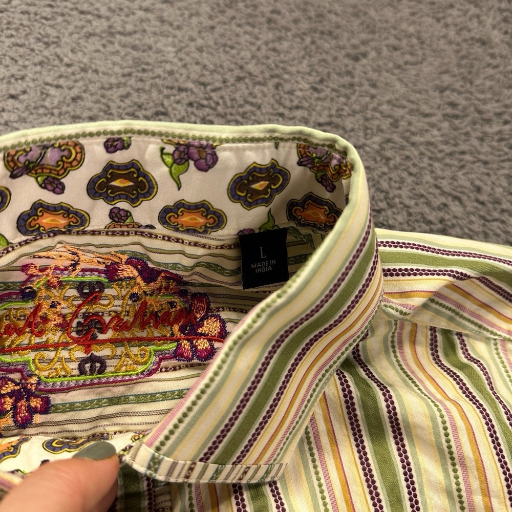 Robert Graham Shirt Mens Large Green Striped Woven Flip Cuff Geometric Going Out - Picture 7 of 13